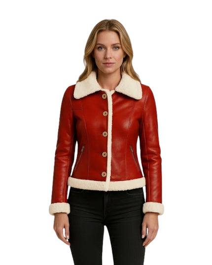 Women's Red Leather Faux Fur Bomber Jacket