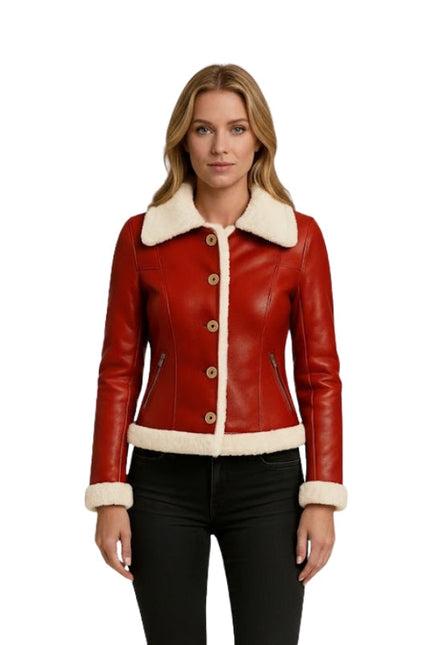 Women's Red Leather Faux Fur Bomber Jacket