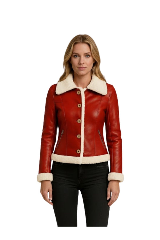 Women's Red Leather Faux Fur Bomber Jacket