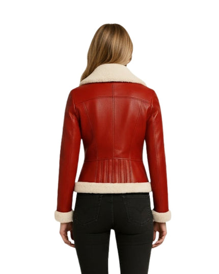 Women's Red Leather Faux Fur Collar Buttoned Bomber Jacket