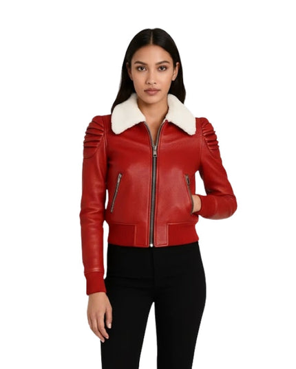 Women's Red Leather Fur Quilted Shoulder Bomber Jacket