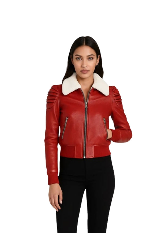 Women's Red Leather Fur Quilted Shoulder Bomber Jacket