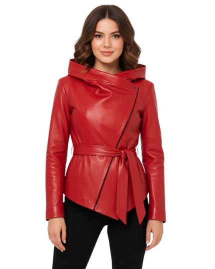 Woman wearing a red leather jacket with a hood on a white background
