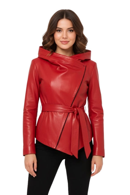 Woman wearing a red leather jacket with a hood on a white background