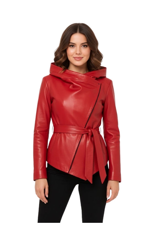 Woman wearing a red leather jacket with a hood on a white background