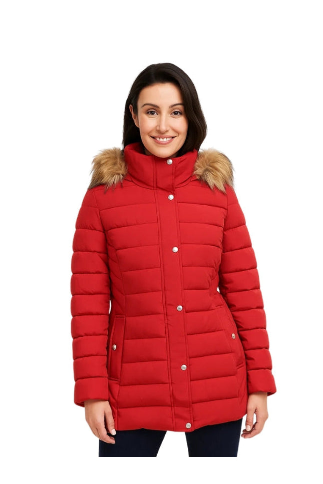Woman wearing a red puffer jacket with fur trim on a white background