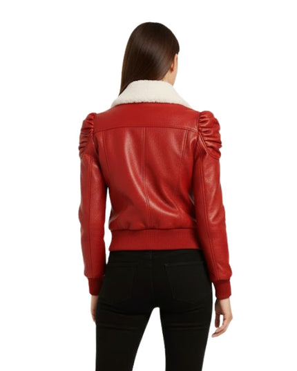 Women's Red Shearling Collar Quilted Shoulder Bomber Leather&nbsp;Jacket
