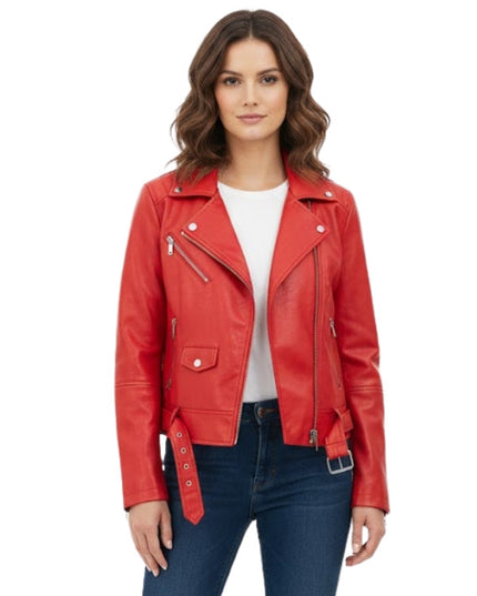 Woman wearing a red leather jacket on a white background