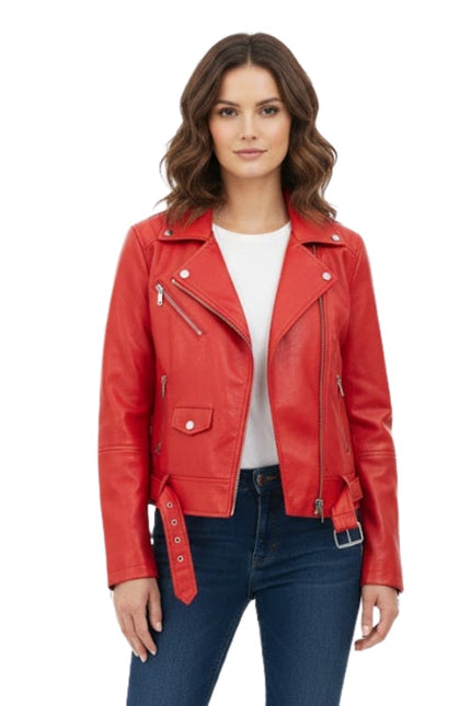Woman wearing a red leather jacket on a white background