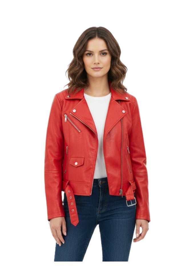 Woman wearing a red leather jacket on a white background