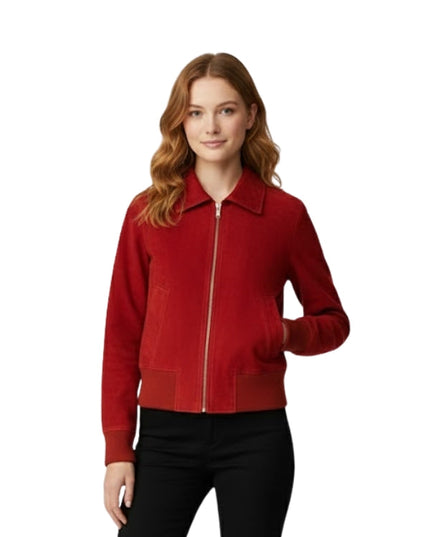 Women’s Red Suede Bomber Jacket