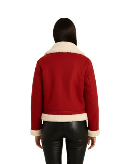 Women's Red Suede Leather Faux Fur Collar Bomber Jacket