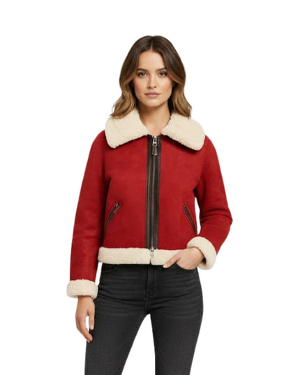 Women's Red Suede Leather Fur Bomber Jacket
