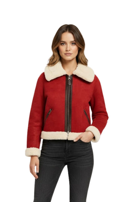 Women's Red Suede Leather Fur Bomber Jacket