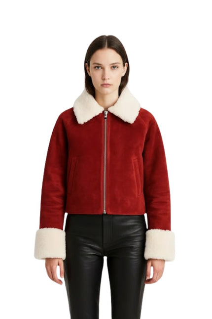 Women's Red Suede Leather Fur Jacket