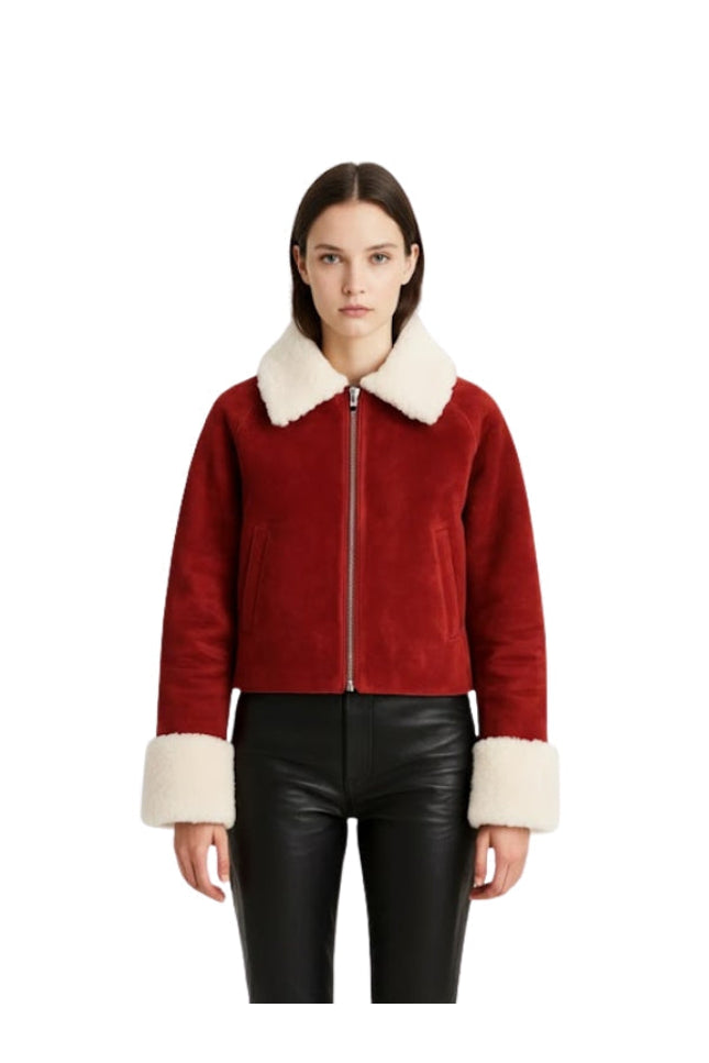 Women's Red Suede Leather Fur Jacket
