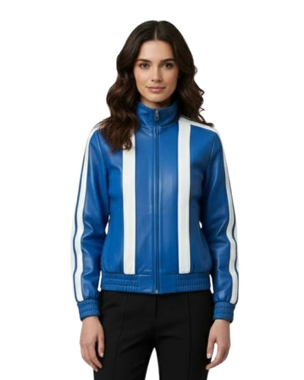 Woman wearing a blue jacket with white stripes on a white background