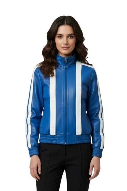 Woman wearing a blue jacket with white stripes on a white background