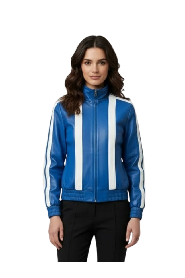 Woman wearing a blue jacket with white stripes on a white background