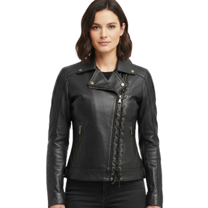 Woman wearing a black leather jacket on a white background