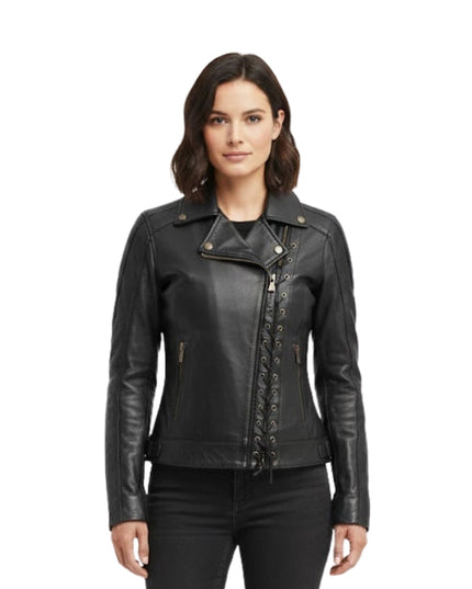 Woman wearing a black leather jacket on a white background