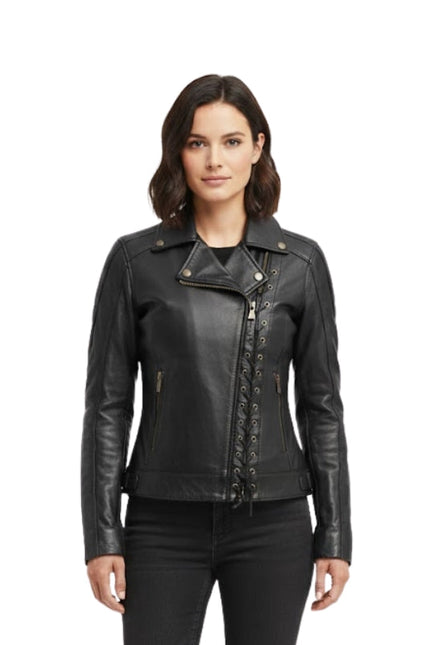 Woman wearing a black leather jacket on a white background