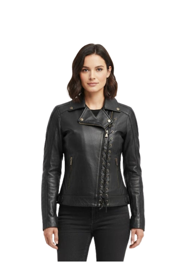 Woman wearing a black leather jacket on a white background