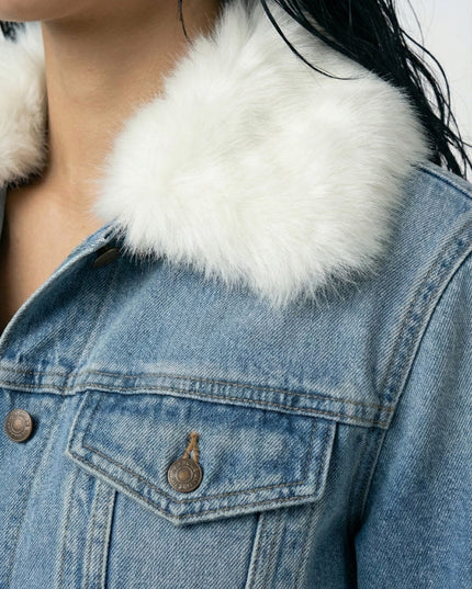 Close-up of a denim jacket with a white fur collar