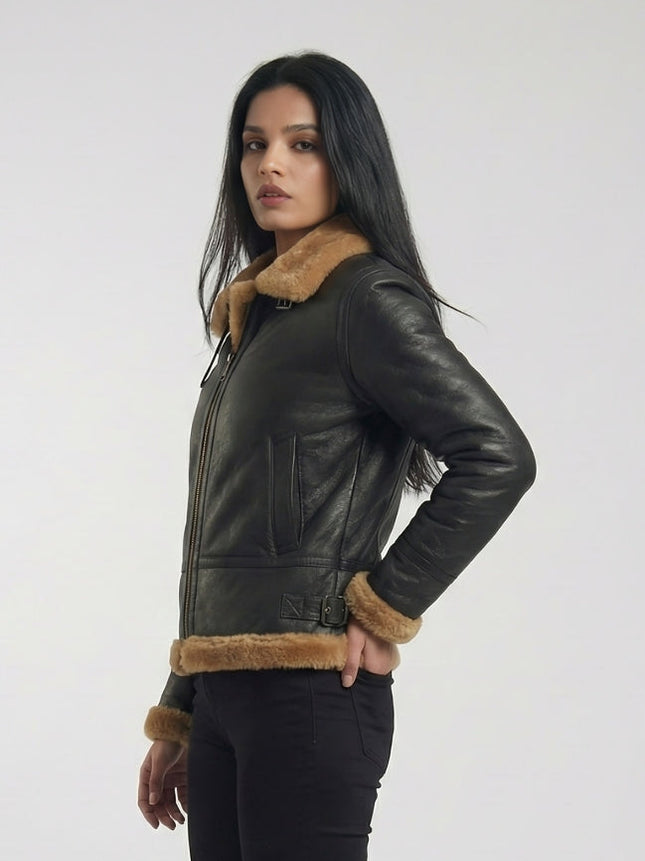 Woman wearing a black leather jacket with brown fur trim on a white background