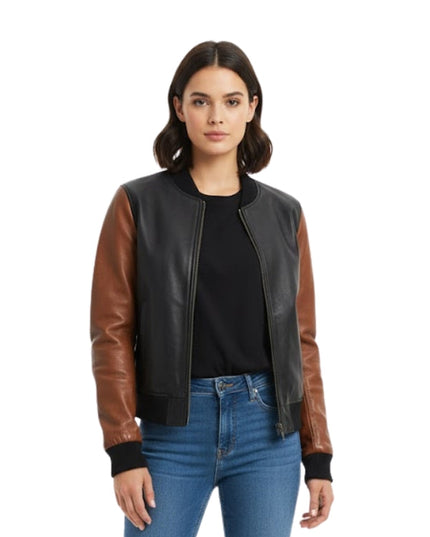 Woman wearing a black and brown leather jacket on a white background