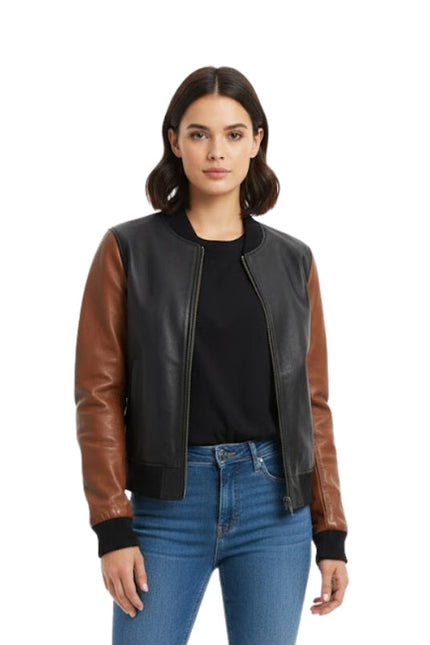 Woman wearing a black and brown leather jacket on a white background