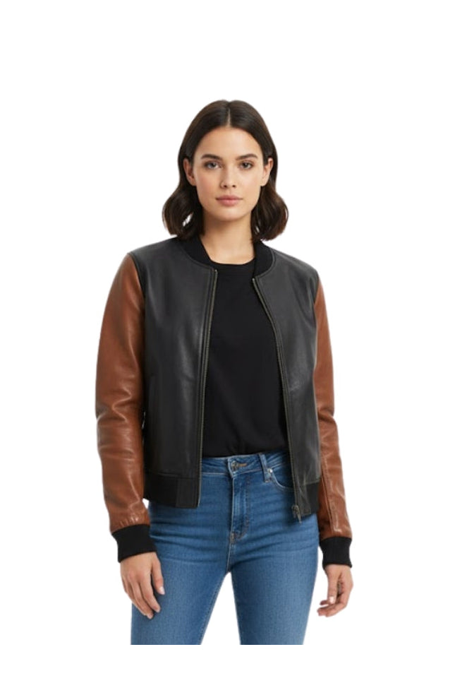 Woman wearing a black and brown leather jacket on a white background