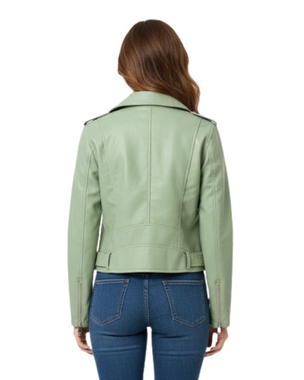 Person wearing a light green leather jacket and blue jeans on a white background