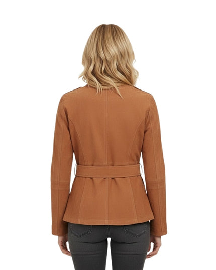 Woman wearing a brown jacket on a white background