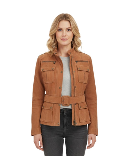 Woman wearing a brown jacket with a belt on a white background