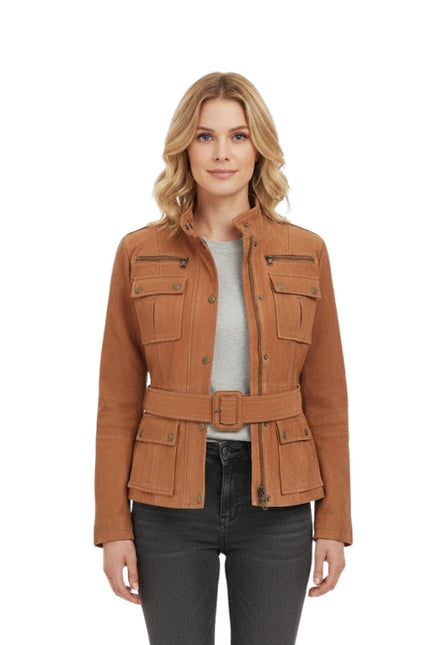 Woman wearing a brown jacket with a belt on a white background