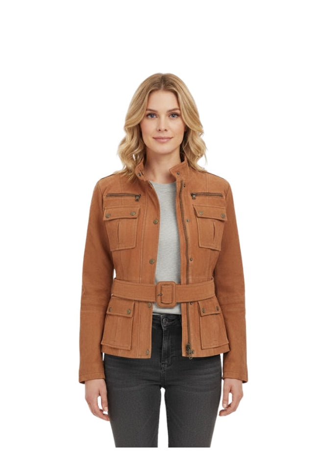 Woman wearing a brown jacket with a belt on a white background