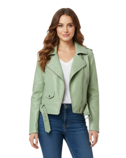Woman wearing a green leather jacket and blue jeans on a white background