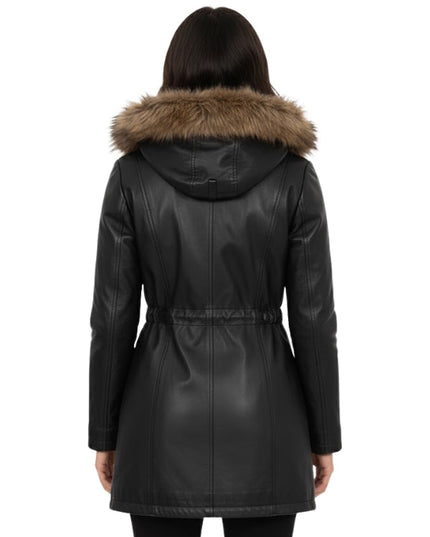 Black leather coat with fur hood on a white background