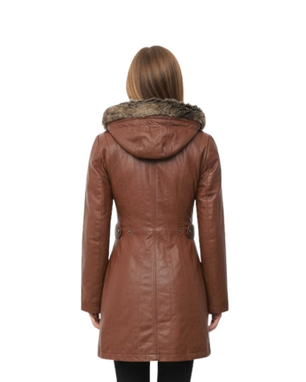 Brown leather coat with fur hood on a white background