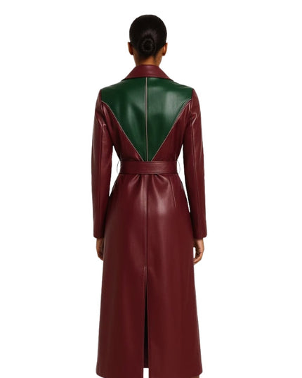 Women's Stylish Belt and Double Breasted&nbsp; Burgundy Leather&nbsp;Trench Coat