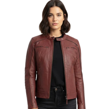 Woman wearing a brown leather jacket on a white background