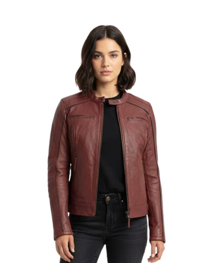 Woman wearing a brown leather jacket on a white background