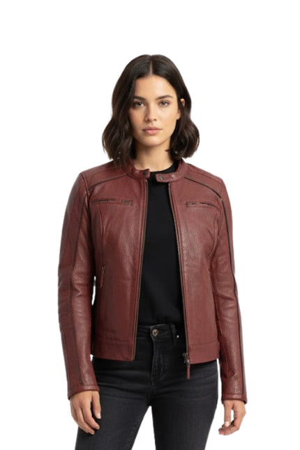 Woman wearing a brown leather jacket on a white background