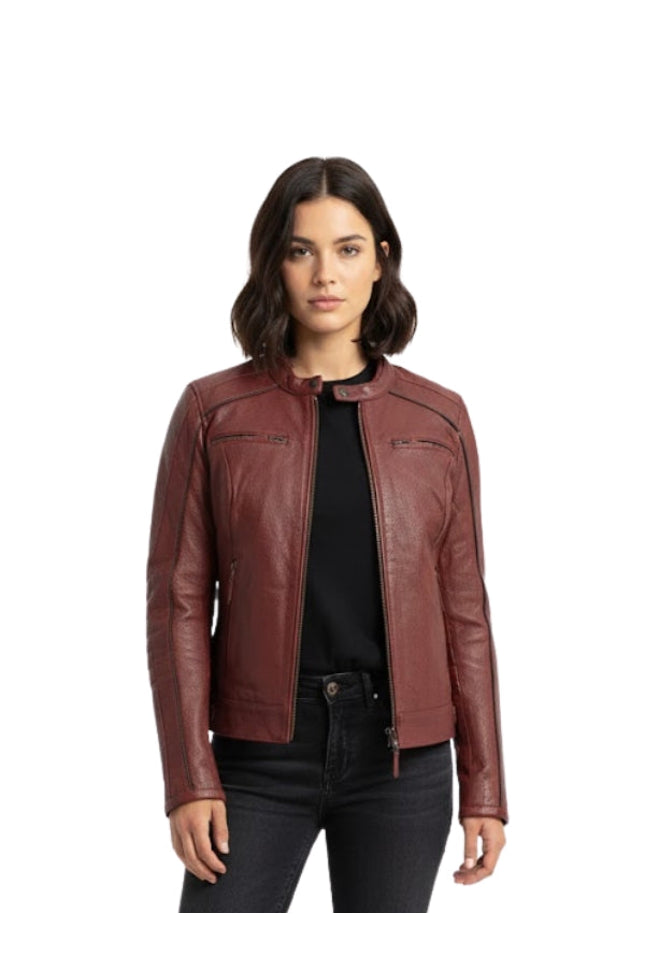 Woman wearing a brown leather jacket on a white background
