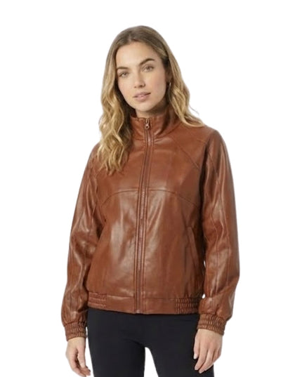 Woman wearing a brown leather jacket on a white background