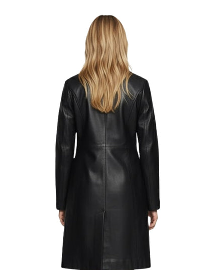 Person wearing a black leather coat from behind on a white background