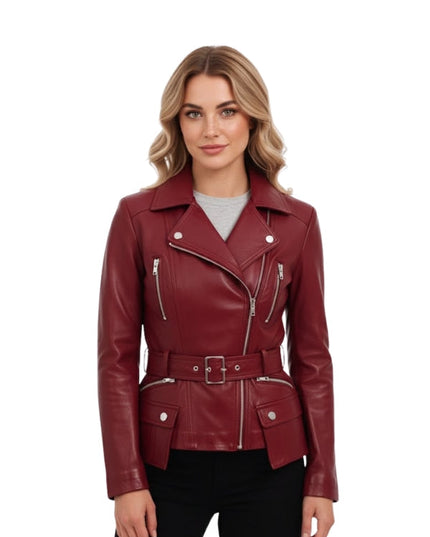 Woman wearing a red leather jacket on a white background