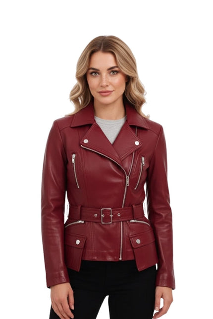 Woman wearing a red leather jacket on a white background