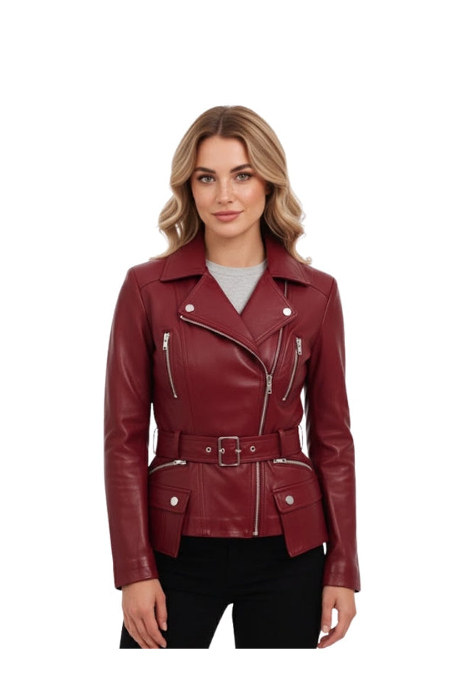 Woman wearing a red leather jacket on a white background
